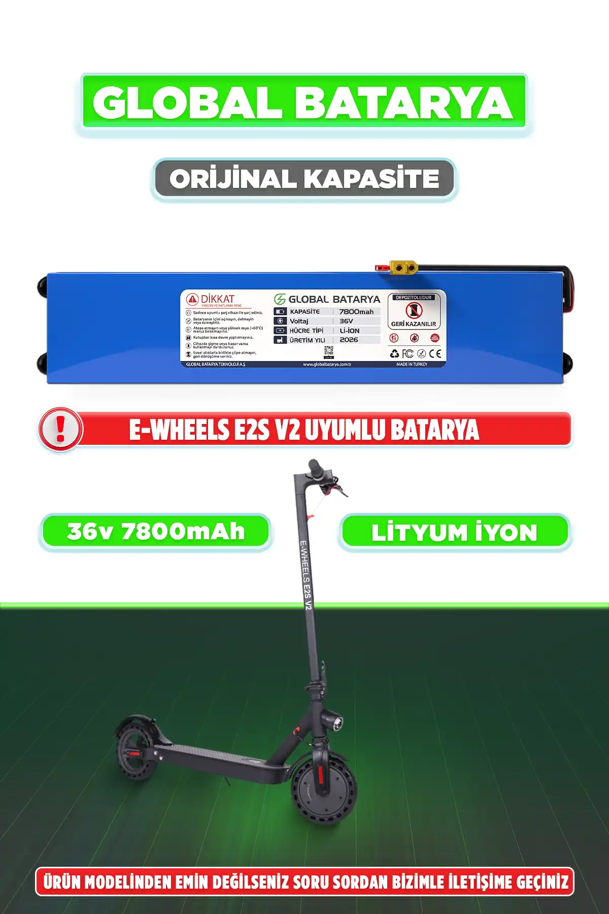  E-Wheels E2S V2 Uyumlu Elektrikli Scooter Bataryası 36v 7800mAh Li-ion Pil (Orijinal Kapasite)