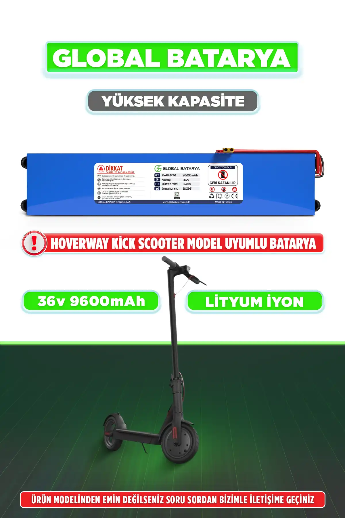  Hoverway Kick Uyumlu Elektrikli Scooter Bataryası 36V 9600mAh Li-ion Pil (Yüksek Kapasiteli)