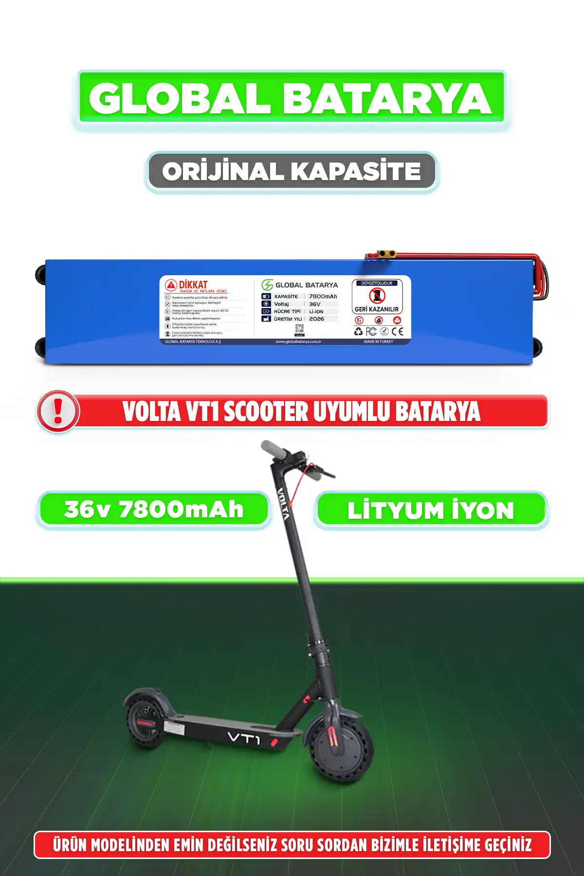  Volta VT1 Uyumlu Elektrikli Scooter Bataryası 36v 7800mAh Li-ion Pil (Orijinal Kapasite)