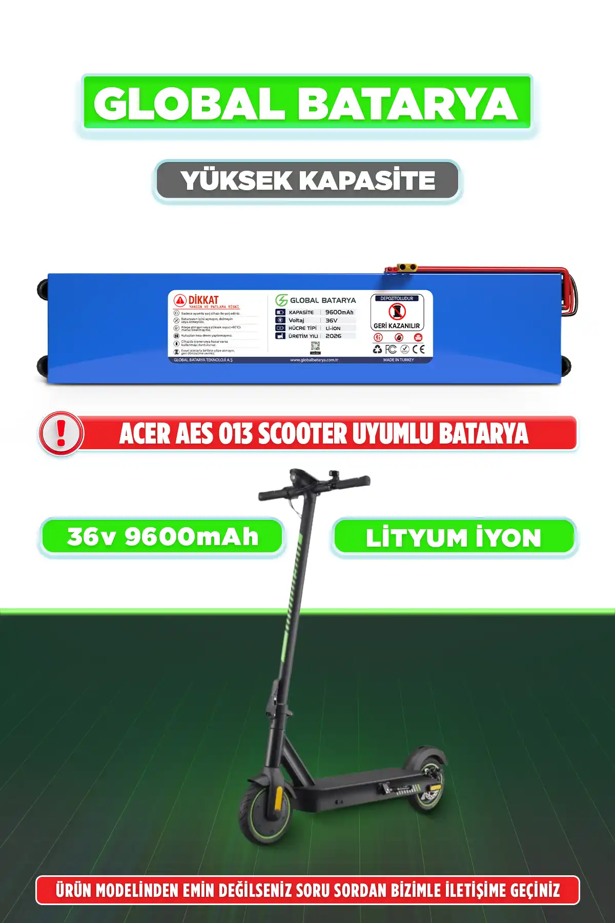 Acer Aes013 Uyumlu Elektrikli Scooter Yüksek Kapasiteli Batarya 36V 9.6Ah Li-ion Pil (Menzil Upgrade / Premium Seri)