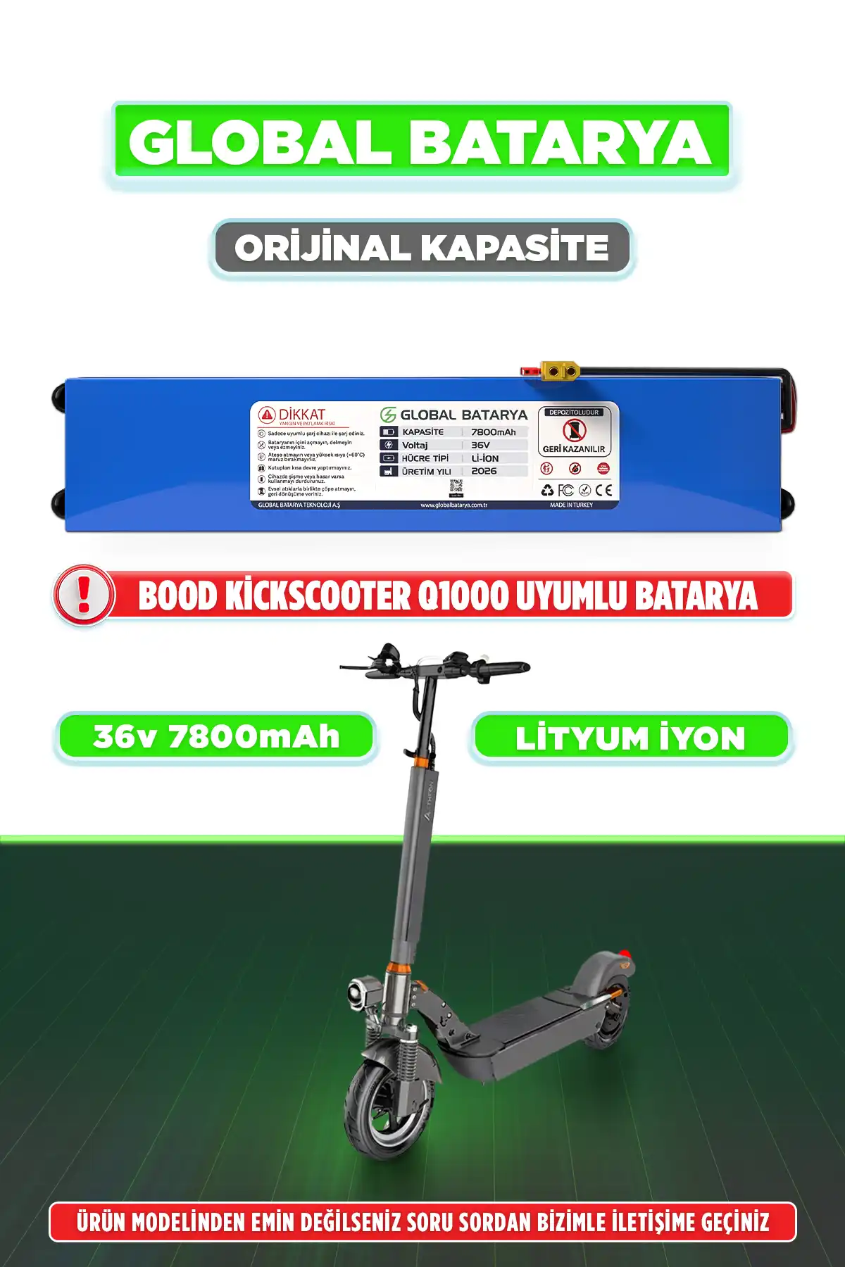 Bood Kickscooter Q1000 Uyumlu Elektrikli Scooter Bataryası 36v 7800mAh Li-ion Pil (Orijinal Kapasite)