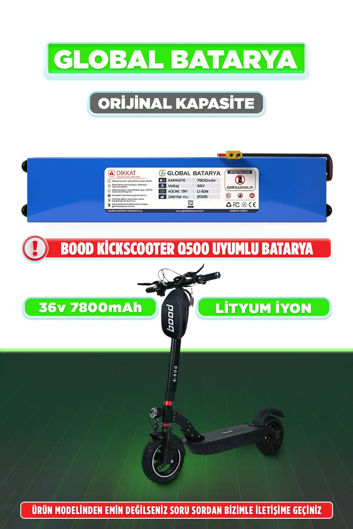 Bood Kickscooter Q500 Uyumlu Elektrikli Scooter Bataryası 36v 7800mAh Li-ion Pil Orijinal Kapasite