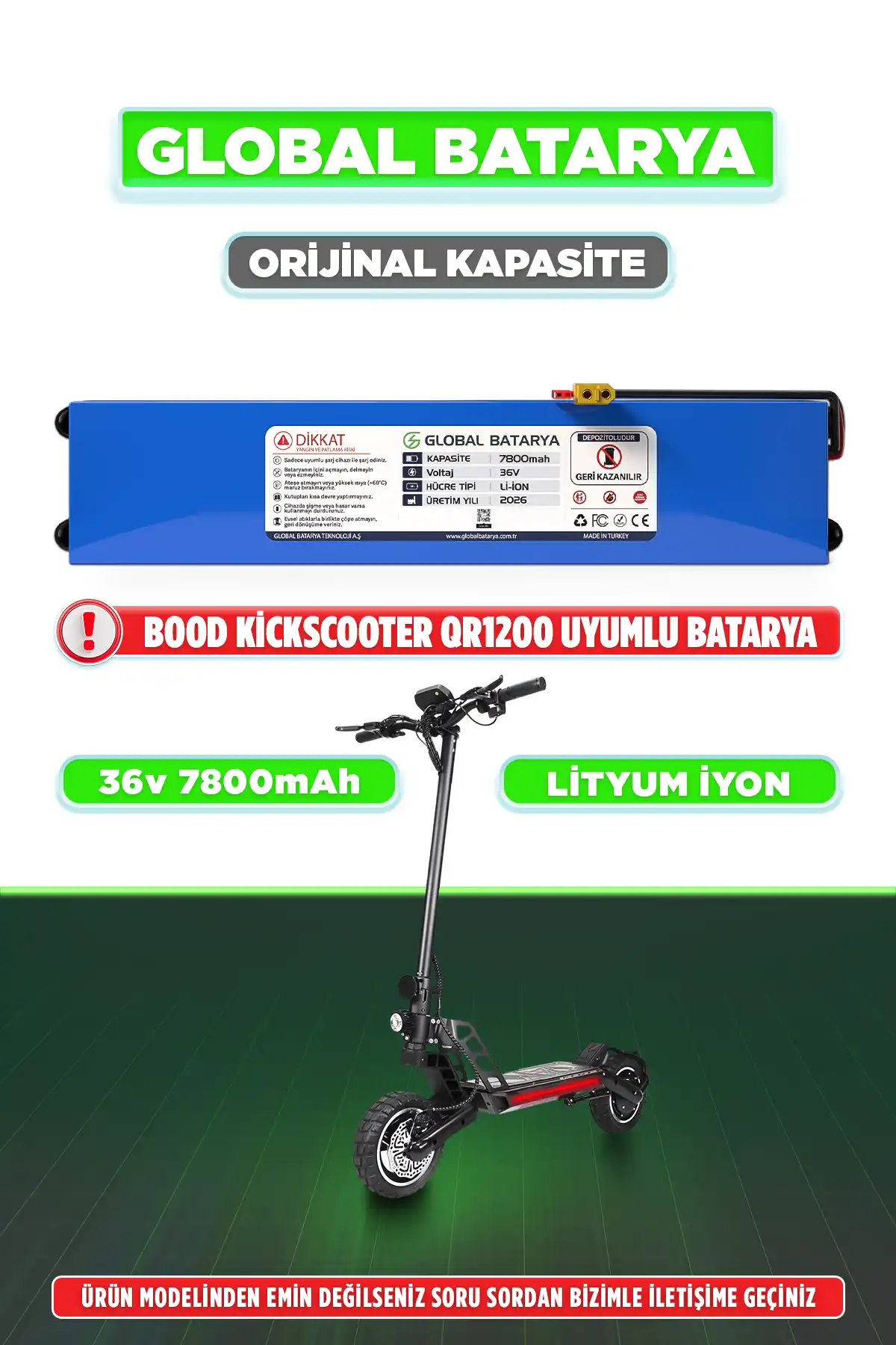Bood Kickscooter QR1200 Uyumlu Elektrikli Scooter Bataryası 36v 7800mAh Li-ion Pil (Orijinal Kapasite)
