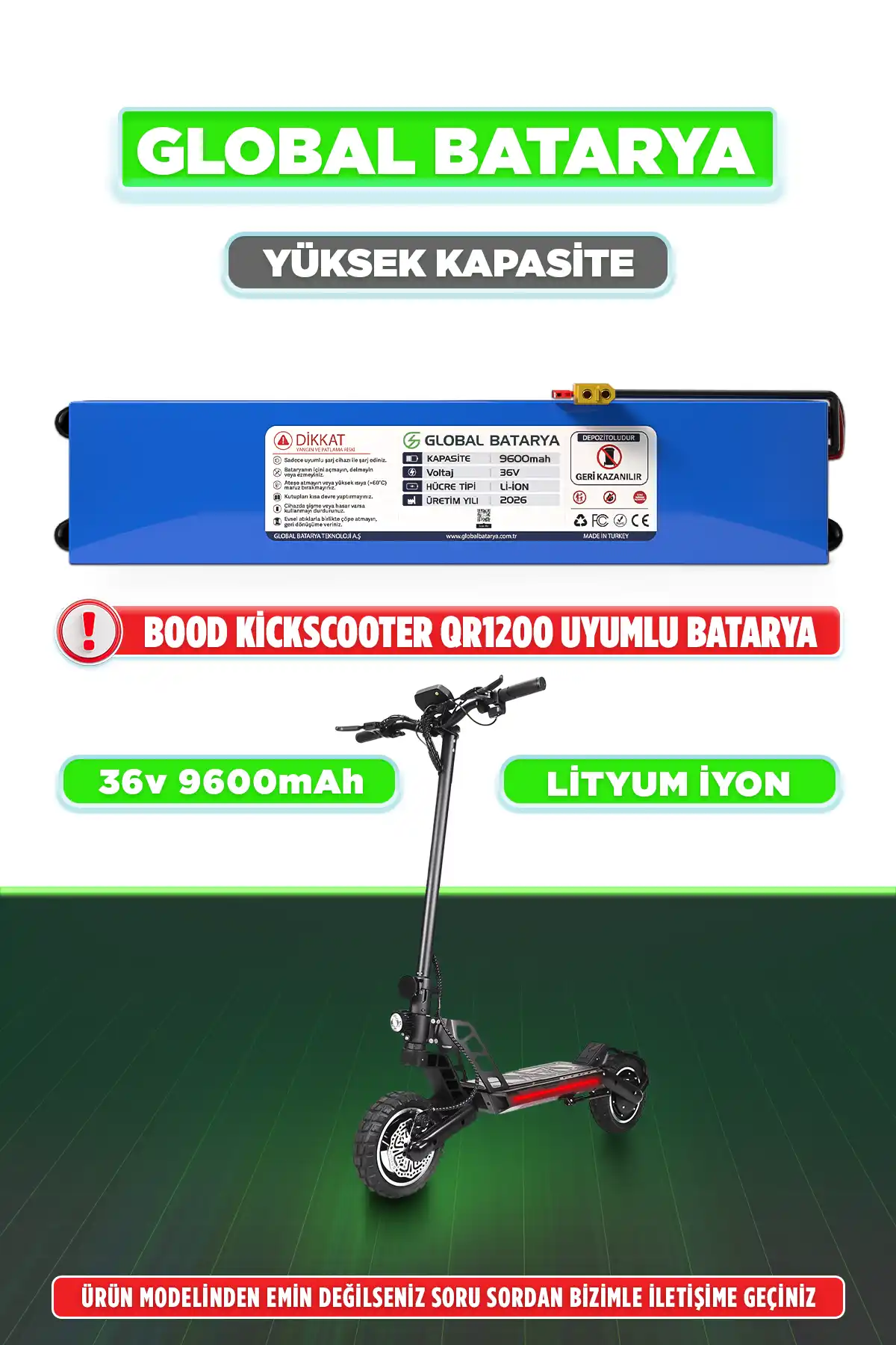 Bood Kickscooter QR1200 Uyumlu Elektrikli Scooter Bataryası 36v 9600mAh Li-ion Pil (Yüksek Kapasite)