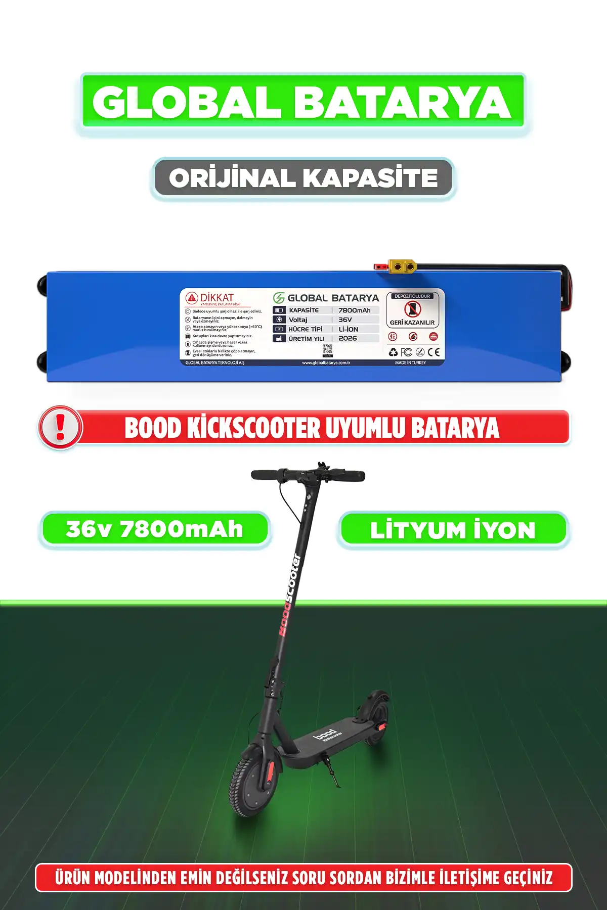 Bood Kickscooter Uyumlu Elektrikli Scooter Bataryası 36V 7.8Ah Li-ion Pil (Orijinal Kapasite)