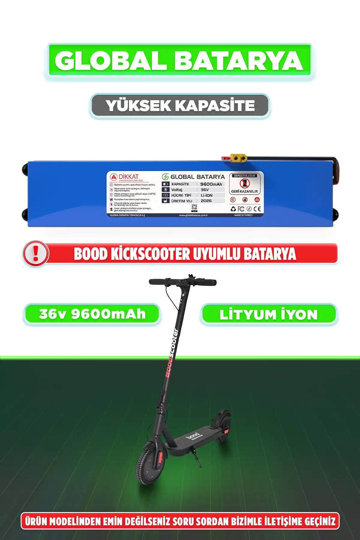 Bood Kickscooter Uyumlu Elektrikli Scooter Bataryası 36v 9600mAh Li-ion Pil (Yüksek Kapasite)