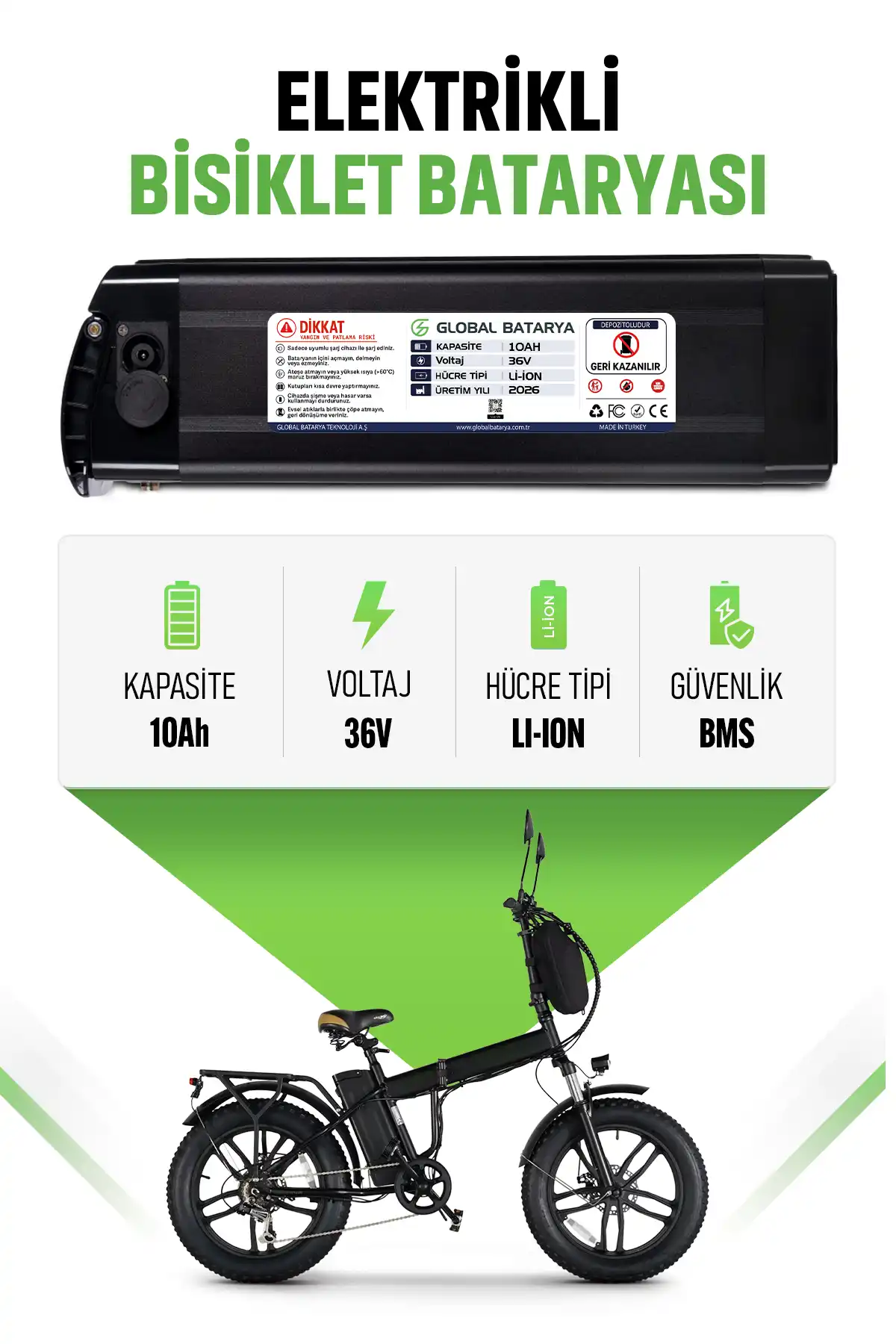 Elektrikli Bisiklet Bataryası 36V 10Ah Li-ion Pil (Evrensel Kasa — 360Wh Eko Seri / Standart Değişim)