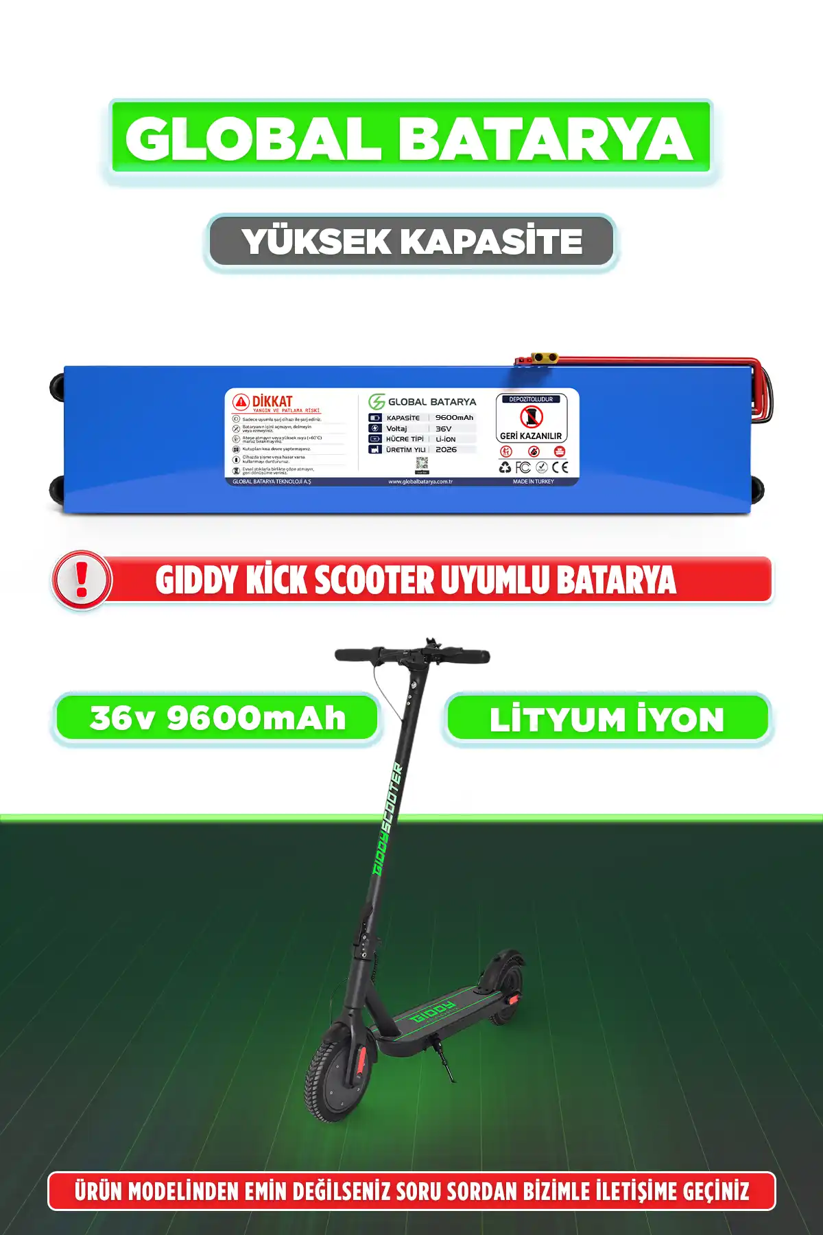 Gıddy Kick Scooter Uyumlu Elektrikli Scooter Bataryası 36v 9600mAh Li-ion Pil (Yüksek Kapasite)