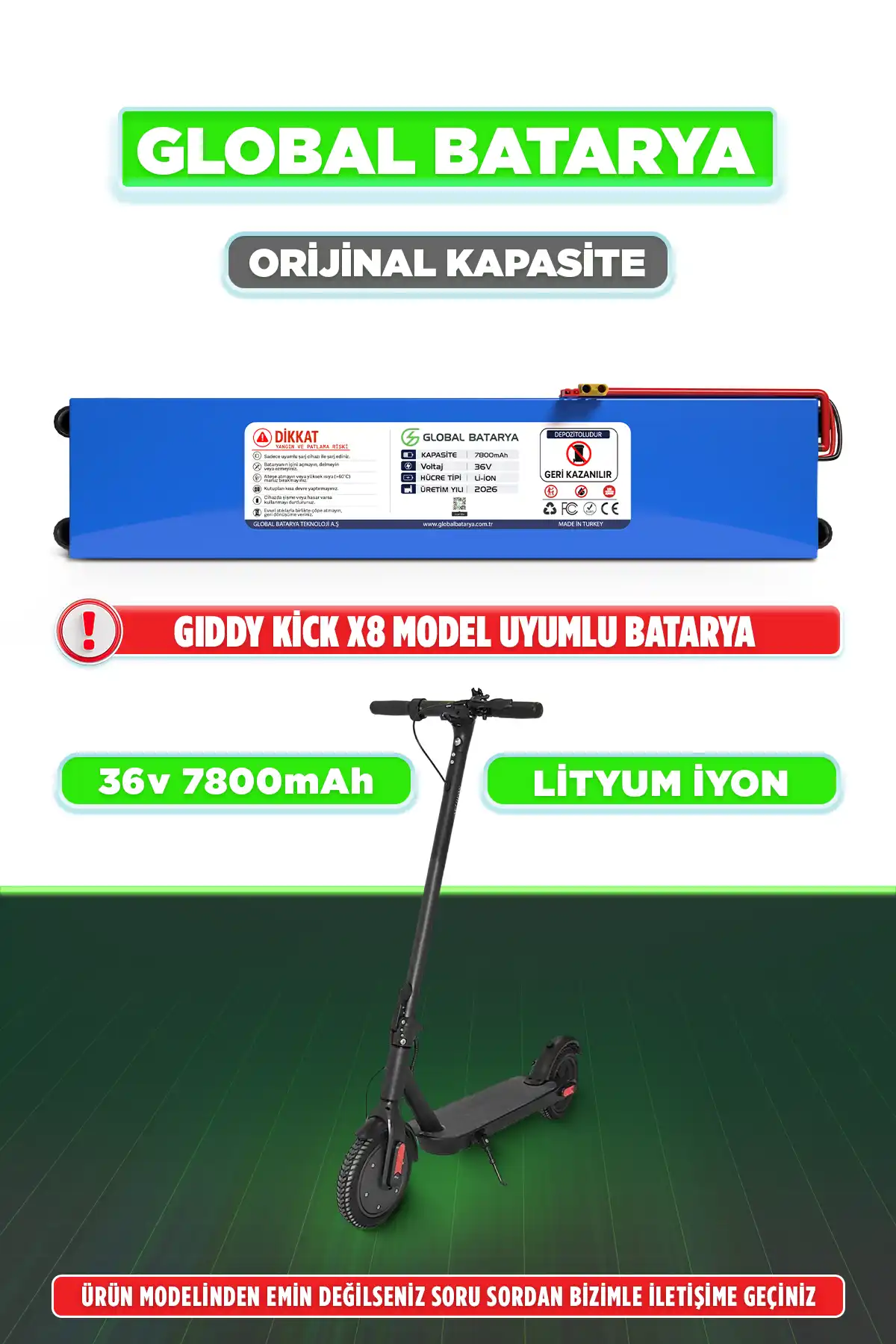 Gıddy Kick X8 Uyumlu Elektrikli Scooter Bataryası 36v 7800mAh Li-ion Pil (Orijinal Kapasite)