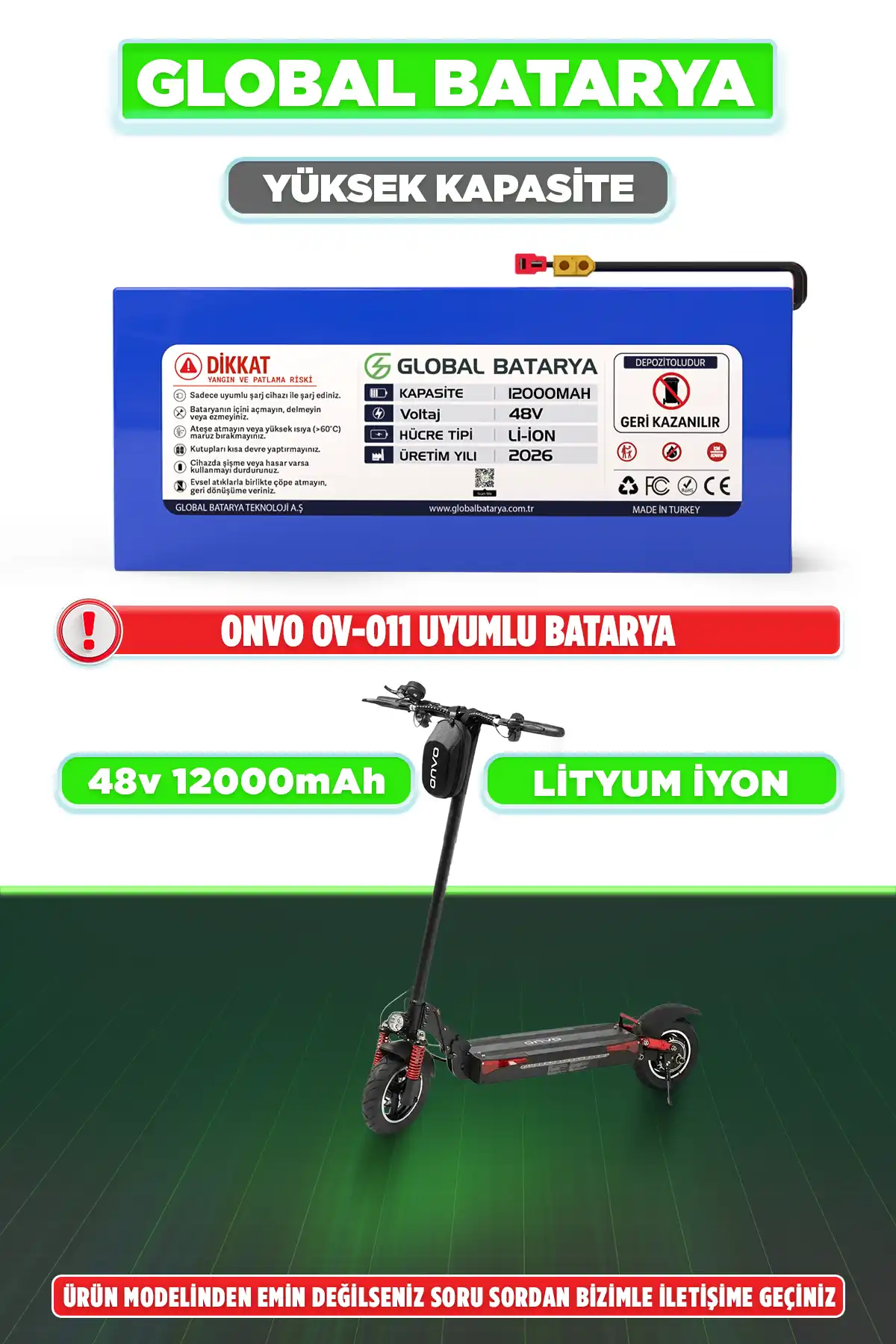 Onvo OV-011 Uyumlu Elektrikli Scooter Yüksek Kapasiteli Batarya 48V 12Ah Li-ion Pil (Sürüş Menzili Upgrade)