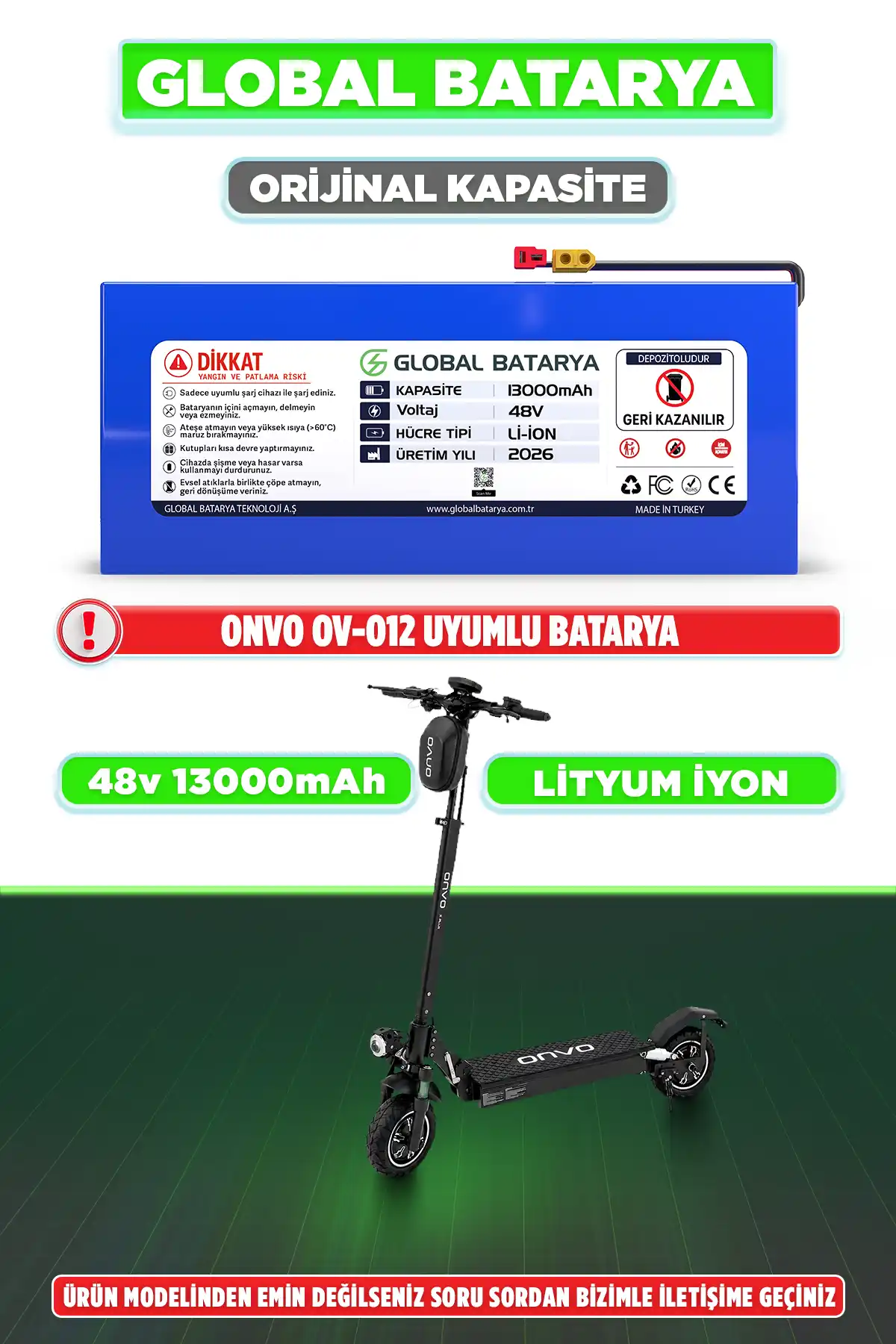 Onvo OV-012 Uyumlu Elektrikli Scooter Bataryası 48V 13Ah Li-ion Pil (Orijinal Kapasite)