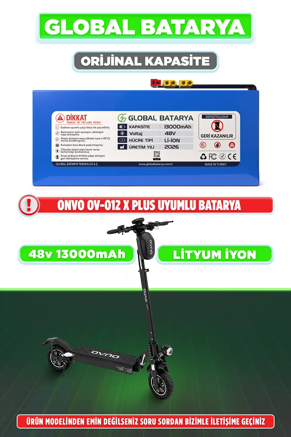Onvo OV-012 X Plus Uyumlu Elektrikli Scooter Bataryası 48V 13Ah 13000mAh Li-ion Pil (Orijinal Kapasite)