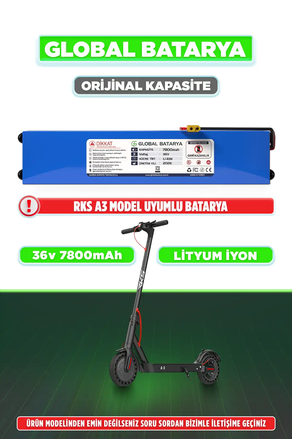 RKS A3 Uyumlu Elektrikli Scooter Bataryası 36v 7800mAh Li-ion Pil (Orijinal Kapasite)