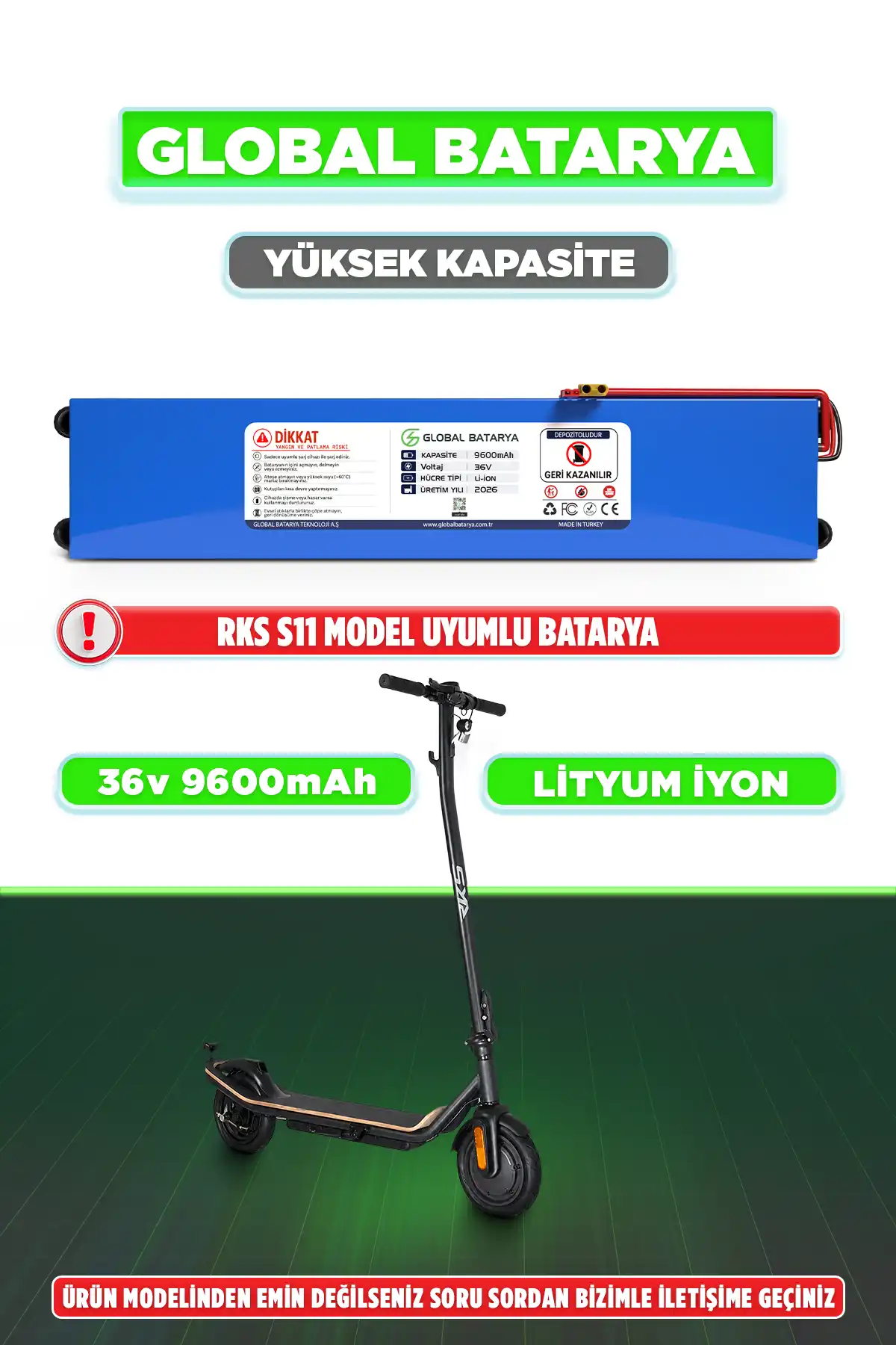 RKS S11 Uyumlu Elektrikli Scooter  Batarya 36V 9.6Ah Li-ion Pil Yüksek Kapasite (Menzil Upgrade)  