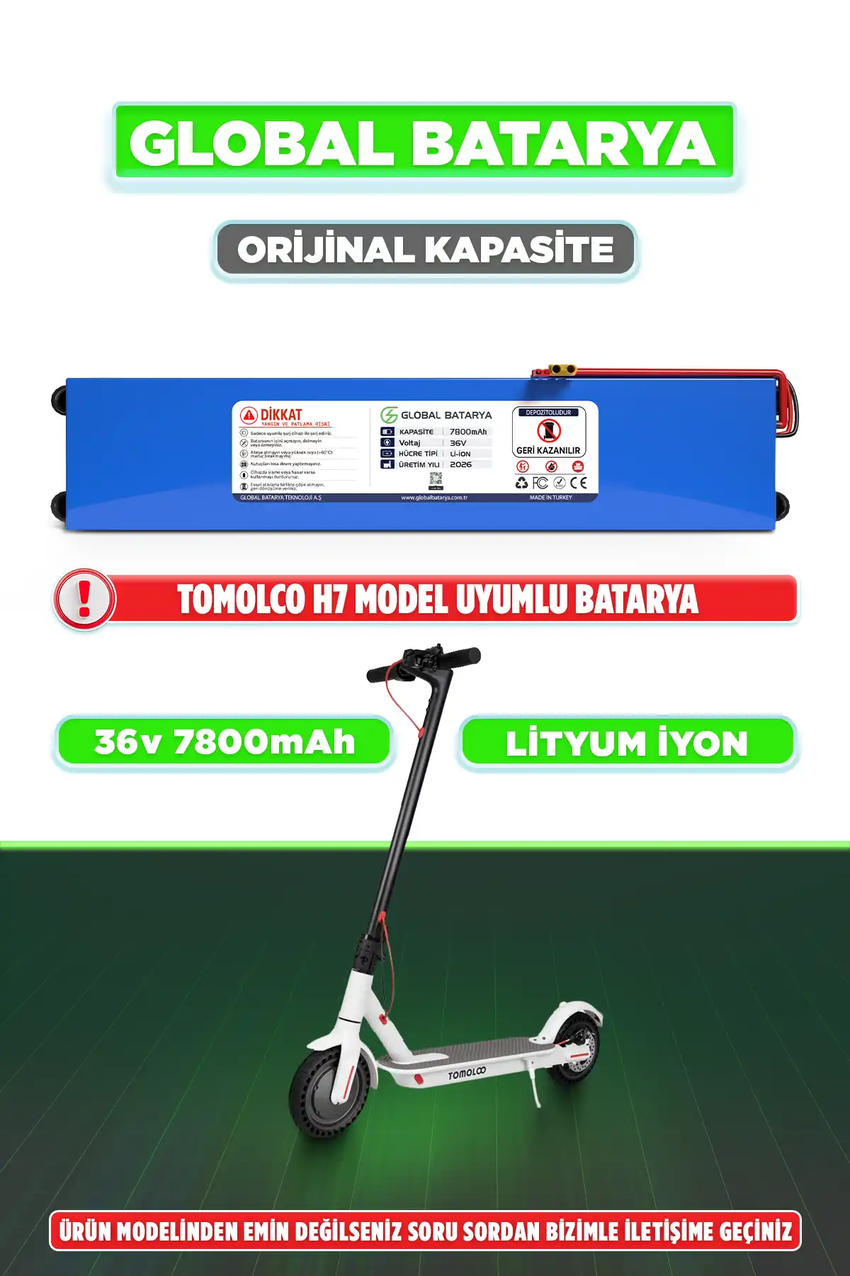 Tomolco H7 Uyumlu Elektrikli Scooter Bataryası 36v 7800mAh Li-ion Pil (Orijinal Kapasite)