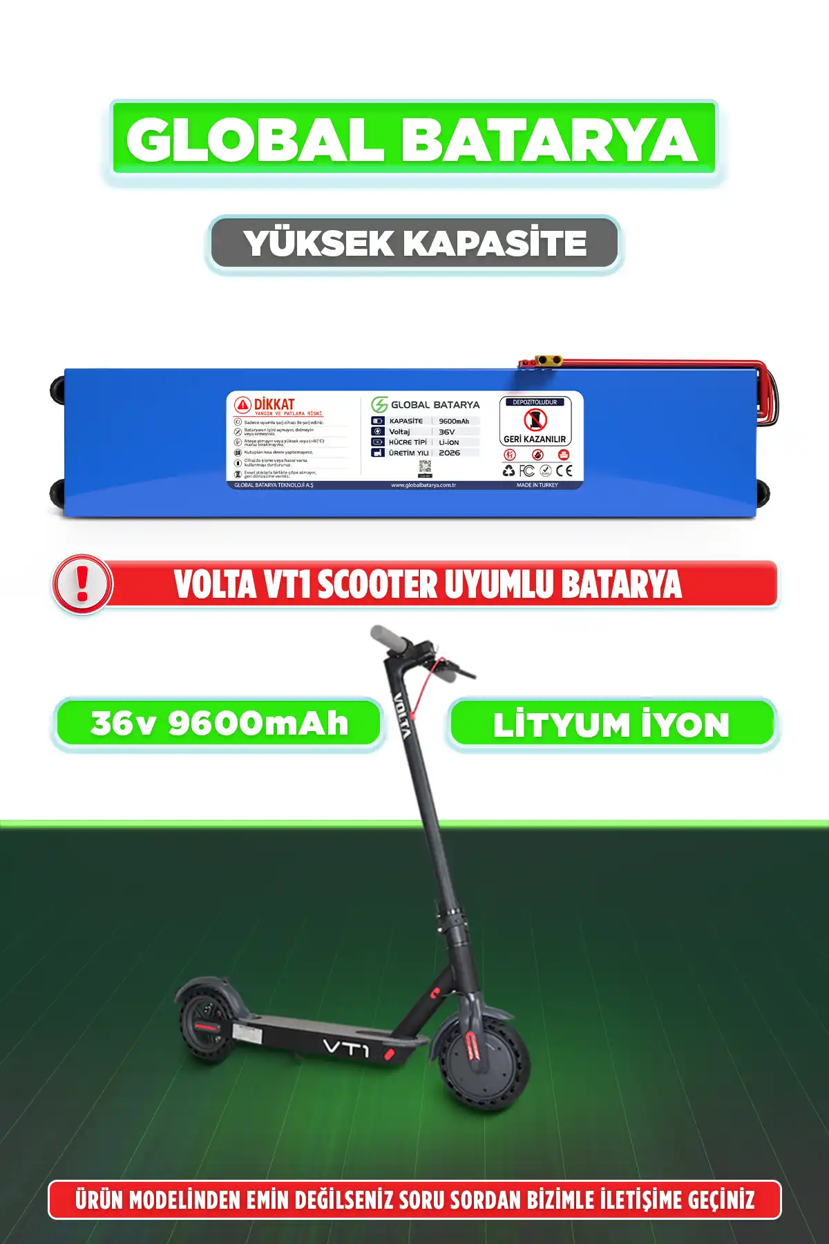 Volta VT1 Uyumlu Elektrikli Scooter  Batarya 36V 9.6Ah Li-ion Pil Yüksek Kapasite (Menzil Upgrade)